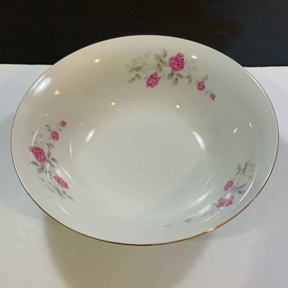 Serving Bowl Pink Roses Gold tone trim 9 in Diameter Vintage #16 - Picture 1 of 6